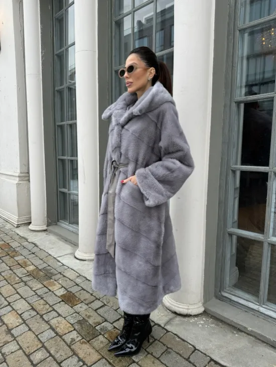 Норка кимоно паркет с капюшоном - цвет серый сапфир - фото 6