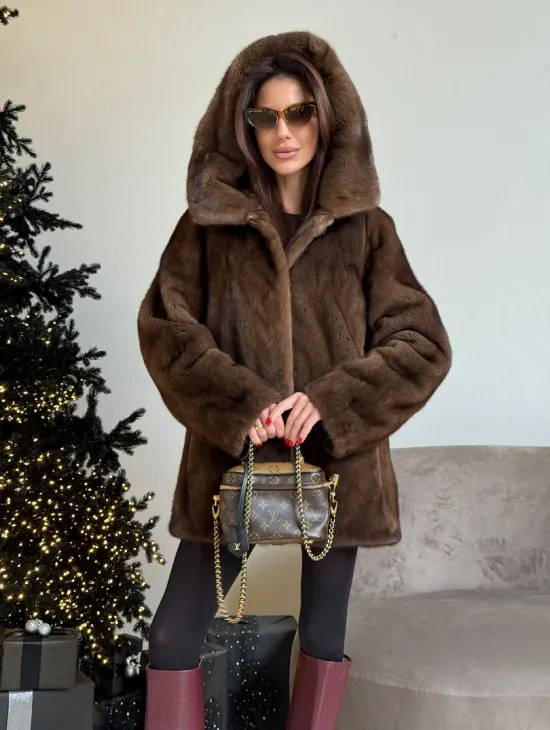Норка автоледи с капюшоном, роспуск в цвете орех - фото 3