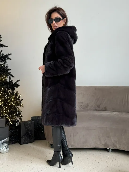 Норковая шуба с капюшоном, паркет - цвет инжир - фото 3