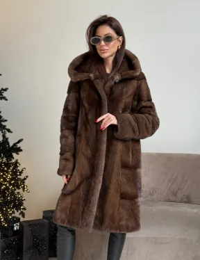 Норковая шуба с капюшоном в цвете орех - фото 2