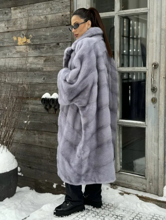 Шуба норковая в стиле Oversize - цвет серый сапфир - фото 3