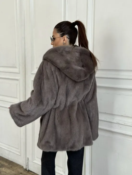 Шуба норковая с капюшоном роспуск - цвет графит - фото 4