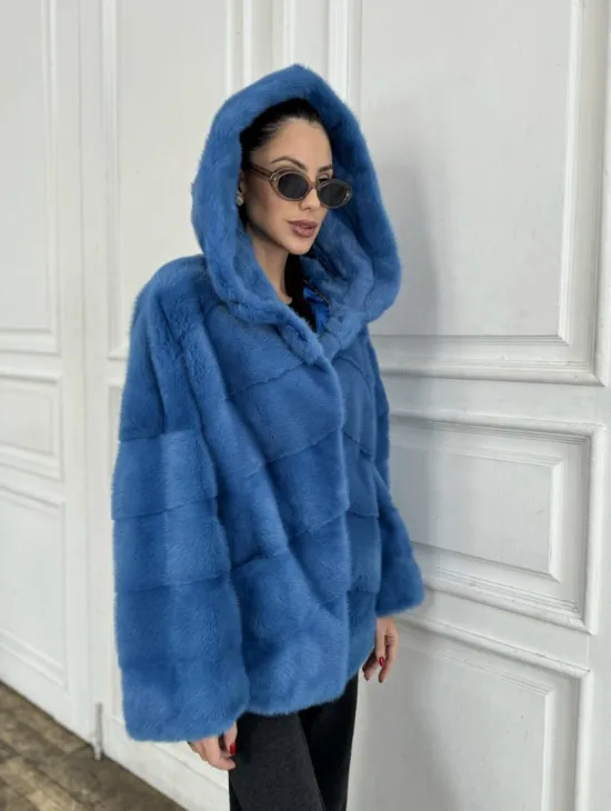 Норковый полушубок с капюшоном, паркет - цвет васильковый - фото 0