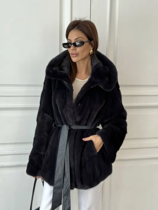 Норковый жакет с капюшоном, роспуск - цвет графит - фото 5