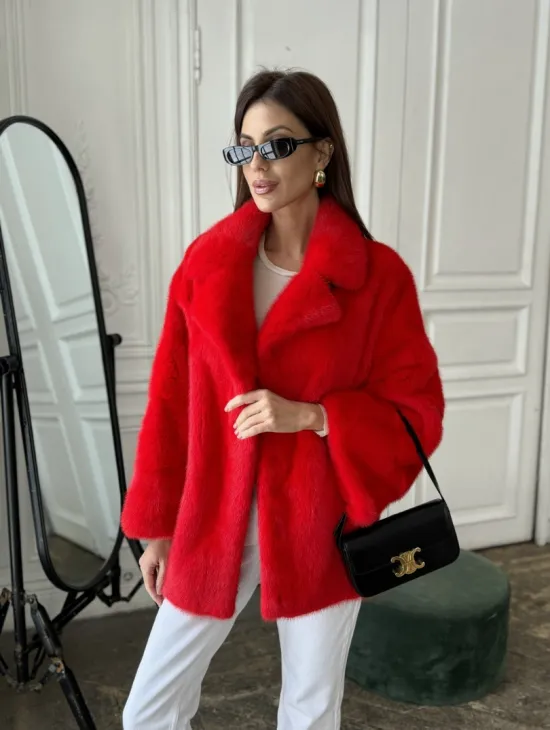 Красный норковый полушубок английский воротник роспуск - фото 0